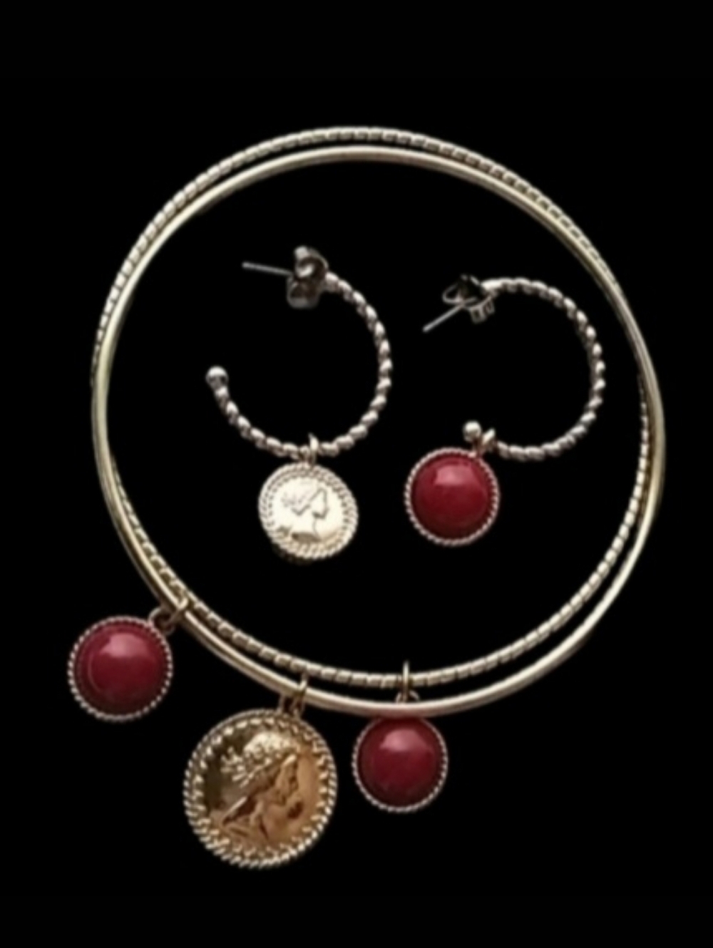 Gold-Tone Coin Charm Bangle Bracelets & Earrings with Red Enamel Accents | EUC